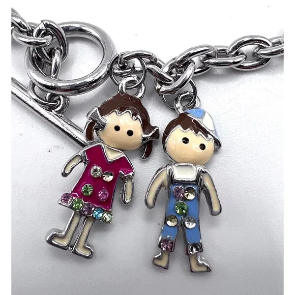 Articulated Boy & Girl Charm Bracelet Silver Tone 8" Toggle Closure - Picture 2 of 5